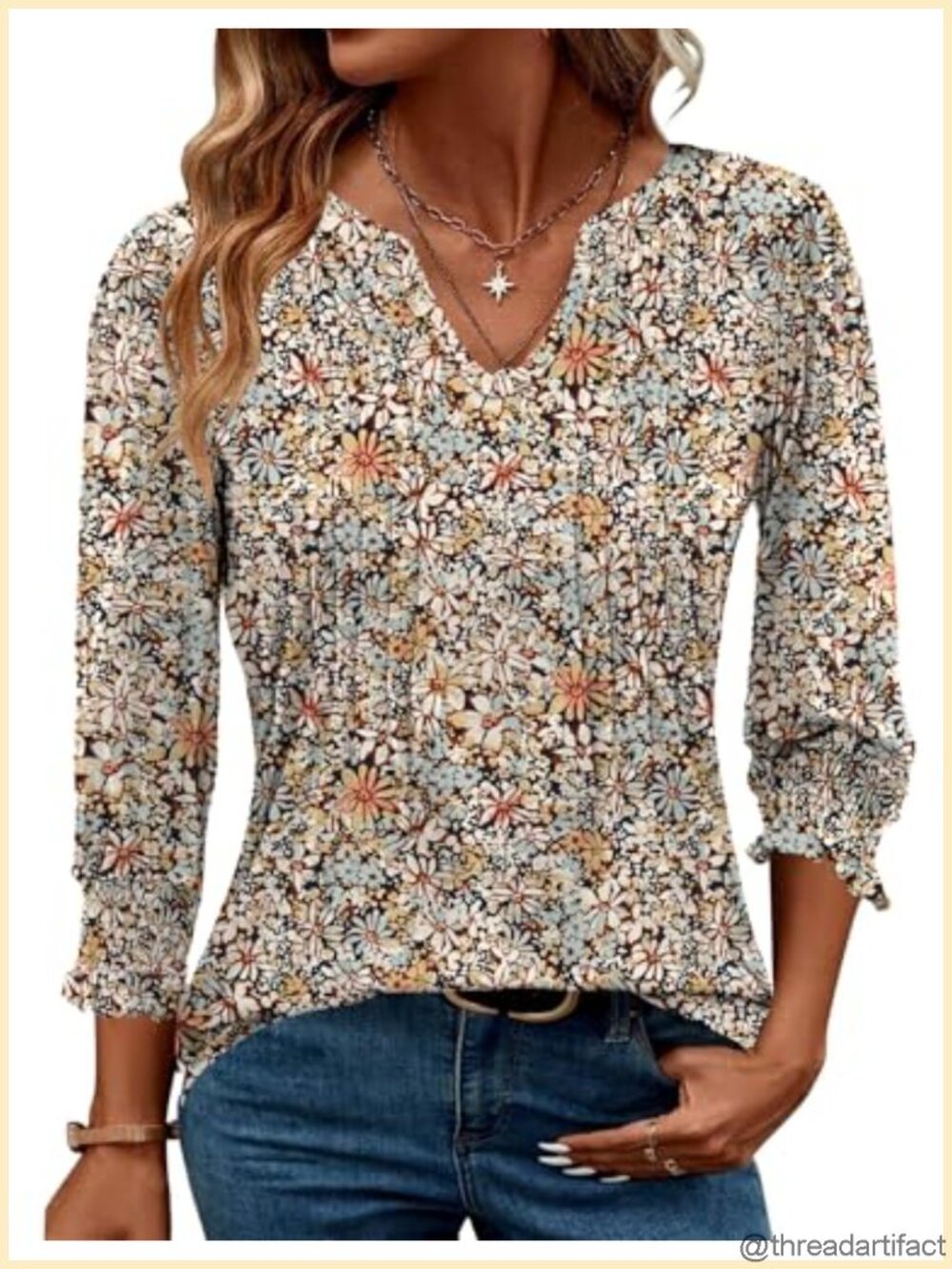 Women's 3/4 Sleeve V Neck Pleated Blouse Business Casual Tunic Top